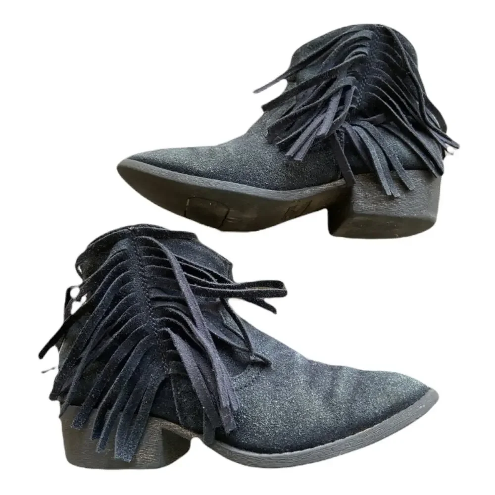 Justice Girls Boots Size 4 Booties‎ Black Faux Suede Ankle Fringe Western